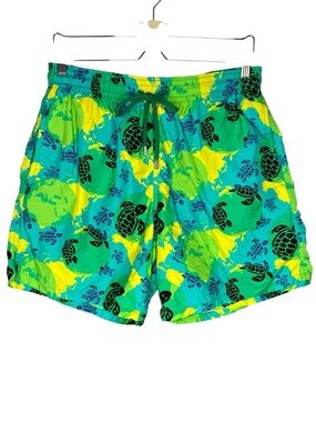 Vilebrequin Green Blue Turtle Print Swim Shorts Beach Mappemonde Dots Men’s XL
